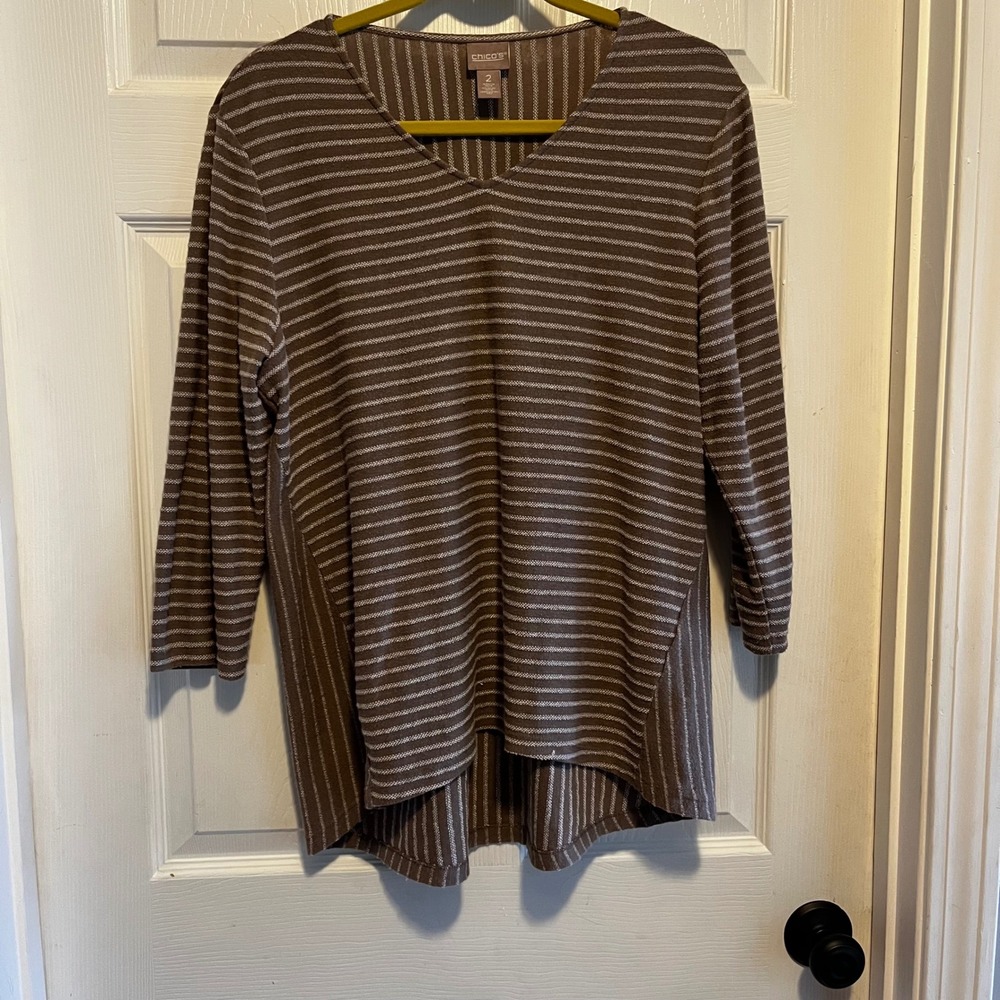 Chico's Mixed Stripe Tunic Top 3/4 Sleeve Neutral Browns Fall Casual 2 Chic - Picture 2 of 14